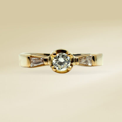 14K Yellow Gold Ladies' Ring with Baguette and Round Cut, Two Stone Diamonds