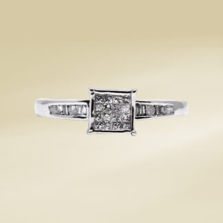 14K White Gold Ladies' Ring with Princess Cut, Baguette, and Round Cut, Accented Diamonds