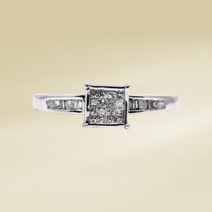 14K White Gold Ladies' Ring with Princess Cut, Baguette, and Round Cut, Accented Diamonds