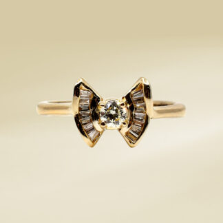 14K Yellow Gold Ladies' Ring with Round Cut, Baguette Cut, Two Stone Diamonds
