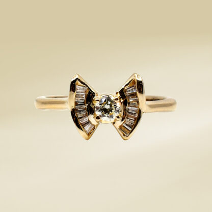 14K Yellow Gold Ladies' Ring with Round Cut, Baguette Cut, Two Stone Diamonds