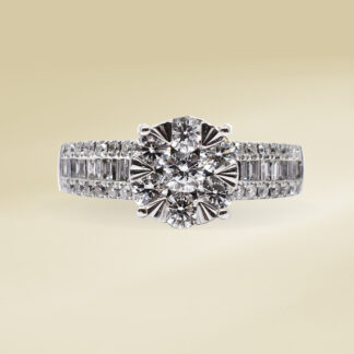 18K White Gold Ladies' Ring with Accented, Baguette and Round Cut Diamonds