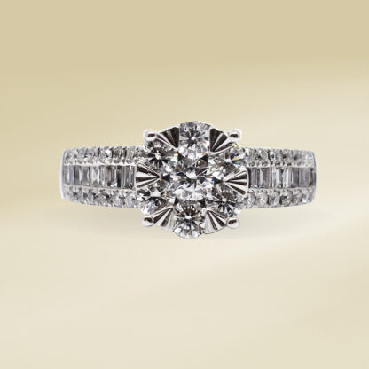 18K White Gold Ladies' Ring with Accented, Baguette and Round Cut Diamonds
