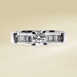 18K White Gold Ladies' Ring with Baguette and Round Cut, Accented, Two Stone Diamonds