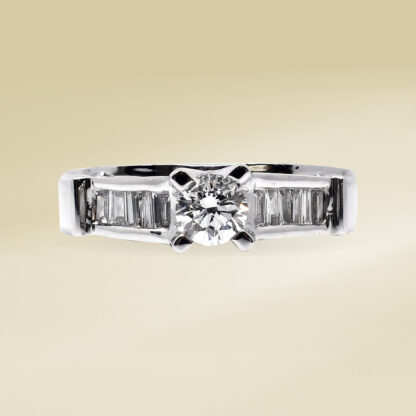 18K White Gold Ladies' Ring with Baguette and Round Cut, Accented, Two Stone Diamonds