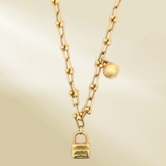 18K Yellow Gold Brand-Inpired Chain Necklace with Ball Dangle and Brand-Inspired Pendant