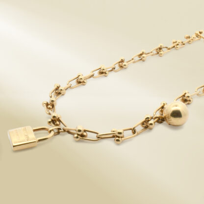 18K Yellow Gold Brand-Inpired Chain Necklace with Ball Dangle and Brand-Inspired Pendant - Image 2