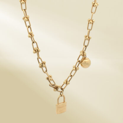 18K Yellow Gold Brand-Inpired Chain Necklace with Ball Dangle and Brand-Inspired Pendant - Image 4