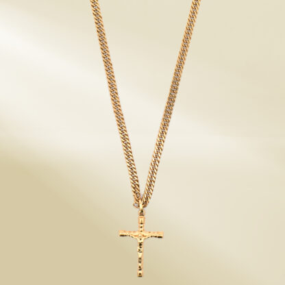18K Yellow Gold Curb Chain Necklace with Cross Pendant