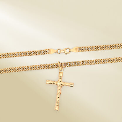 18K Yellow Gold Curb Chain Necklace with Cross Pendant - Image 3