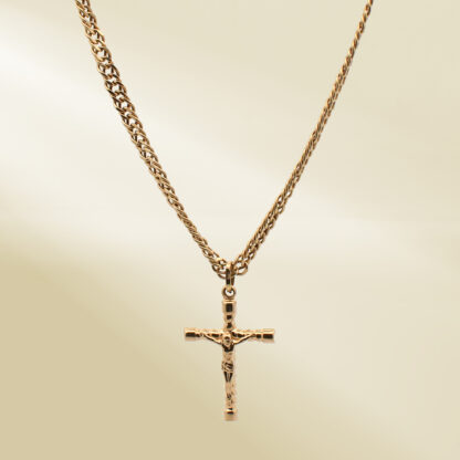 18K Yellow Gold Curb Chain Necklace with Cross Pendant - Image 4