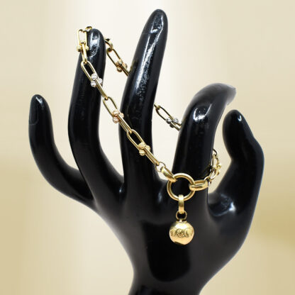 18K Yellow Gold Brand-Inspired with Ball Charm and Tri-Color Bead Bracelet - Image 4
