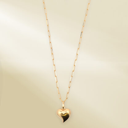 18K Yellow Gold Paperclip Chain Necklace with Heart Pendant