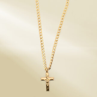 18K Yellow Gold Curb Chain Necklace with Cross Pendant