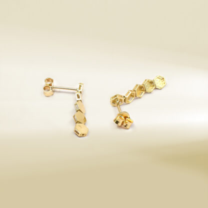 18K Yellow Gold Dangling Hexagon Shaped Earrings - Image 3