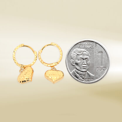 18K Yellow Gold Hoop with Heart Drop Earrings - Image 2