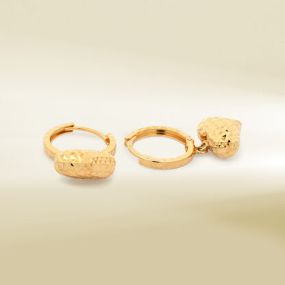 18K Yellow Gold Hoop with Heart Drop Earrings - Image 3