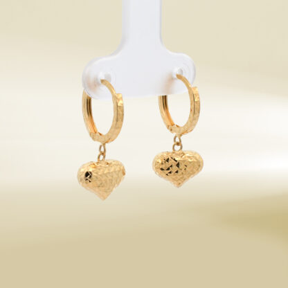 18K Yellow Gold Hoop with Heart Drop Earrings - Image 4