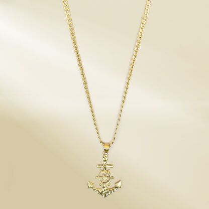 18K Yellow Gold Curb Chain Necklace with Anchor Pendant