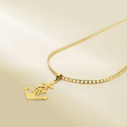 18K Yellow Gold Curb Chain Necklace with Anchor Pendant - Image 2