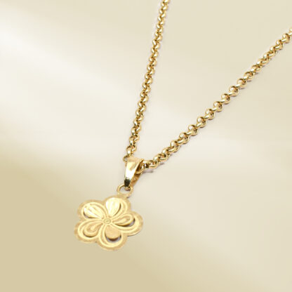 18K Yellow Gold Rolo Chain Necklace with Flower Pendant - Image 2