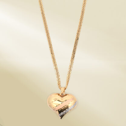 18K Yellow Gold Curb Chain Necklace with Tri-Color Heart Pendant