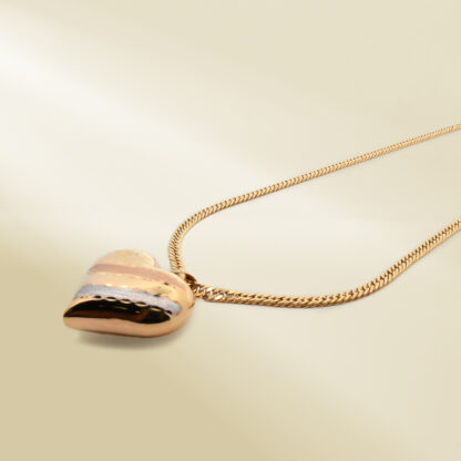 18K Yellow Gold Curb Chain Necklace with Tri-Color Heart Pendant - Image 2