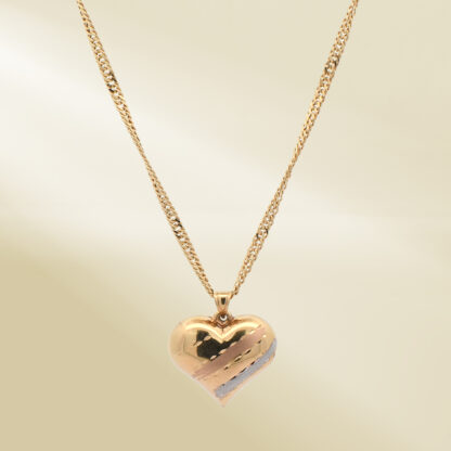 18K Yellow Gold Curb Chain Necklace with Tri-Color Heart Pendant - Image 4