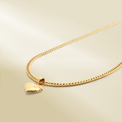 18K Yellow Gold Curb Chain Necklace with Heart Pendant - Image 2