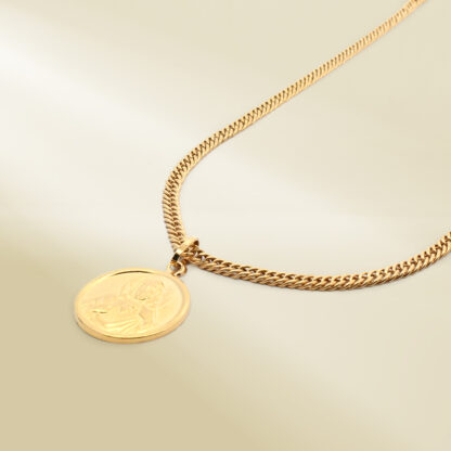 18K Yellow Gold Curb Chain Necklace with Christ Pendant - Image 2