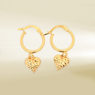 18K Yellow Gold Hoop with Heart Design Earrings