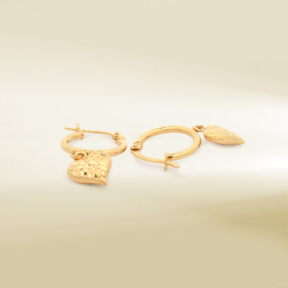 18K Yellow Gold Hoop with Heart Design Earrings - Image 3