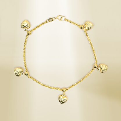 18K Yellow Gold Rope Chain with Heart Charm Bracelet - Image 2
