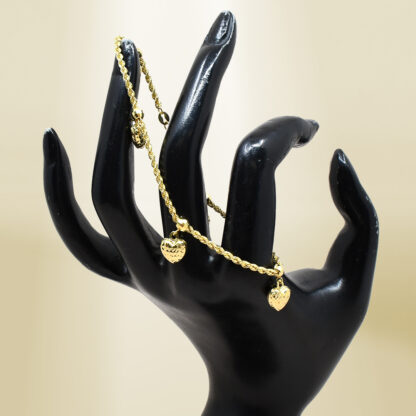 18K Yellow Gold Rope Chain with Heart Charm Bracelet - Image 4