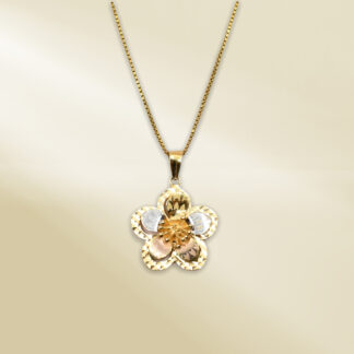 18K Yellow Gold Box Chain Necklace with Tri-Color Flower Pendant