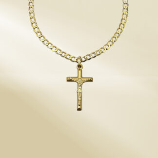 18K Yellow Gold Curb Chain Necklace with Cross Pendant