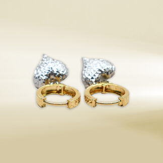 18K Yellow Gold Huggie with White Gold Heart Dangle Earrings